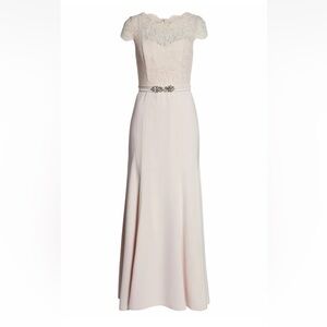 JENNY PACKHAM LACE & CREPE COLUMN GOWN IN BLUSH SIZE 10